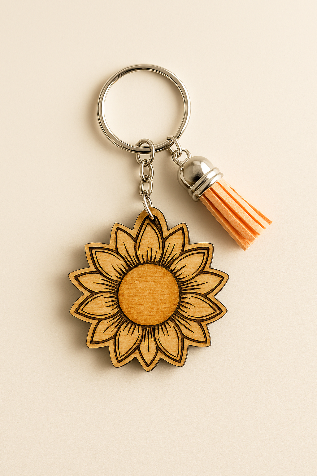 Porte-clé Tournesol en Bois – Gravure artisanale & personnalisée