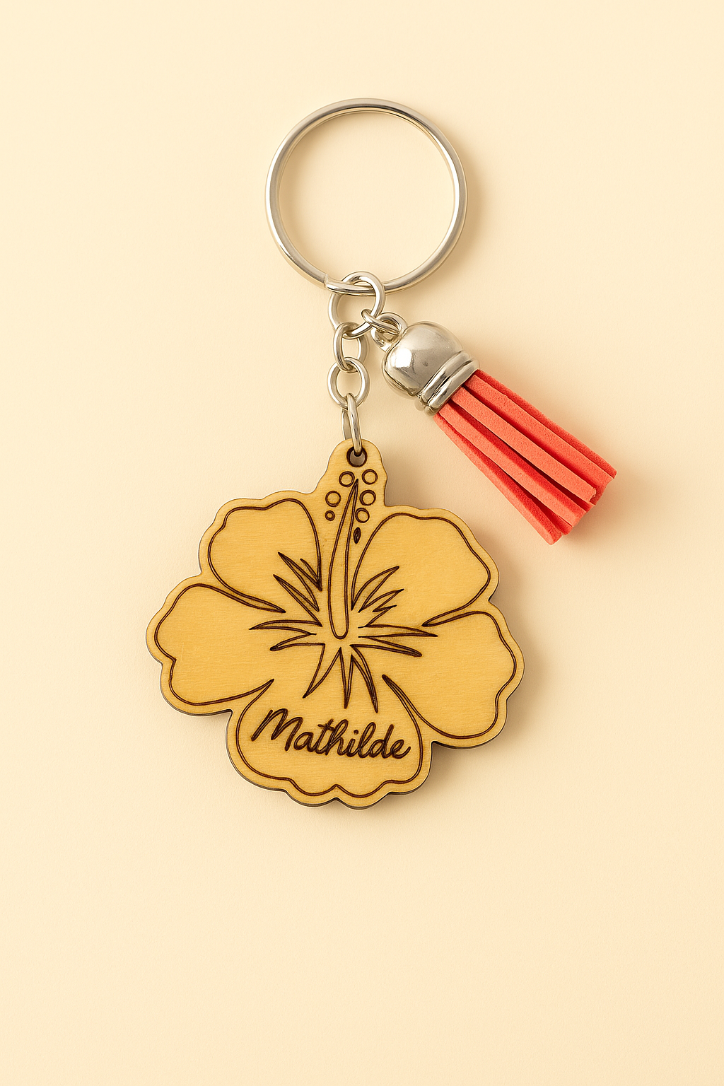 Porte-clé Fleur d’Hibiscus en Bois – Gravure personnalisée