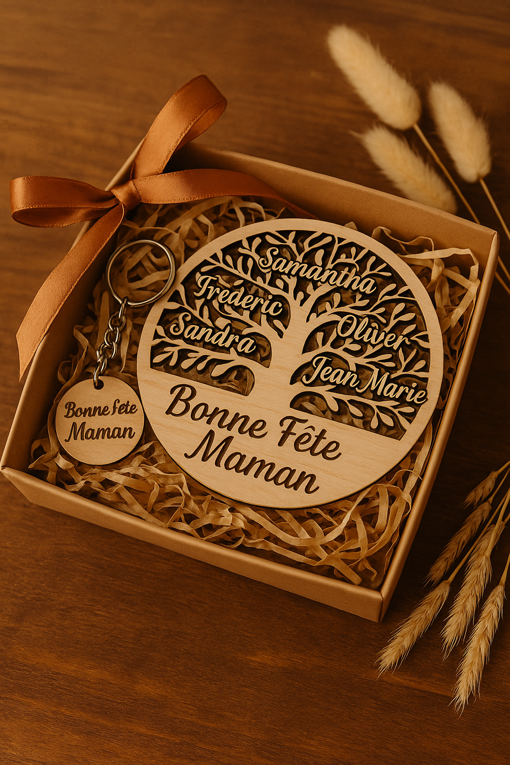 “Arbre de vie personnalisé en bois fait main à La Réunion avec prénoms gravés – Lcomstudio.”