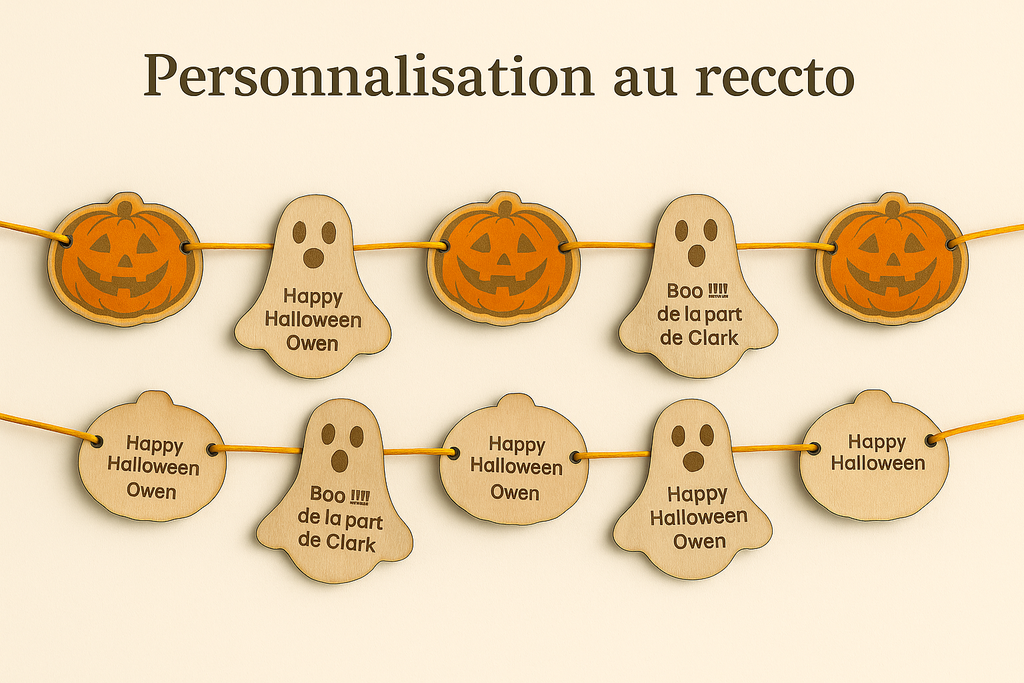 Guirlande d’Halloween – 10 personnages en bois avec personnalisation au dos