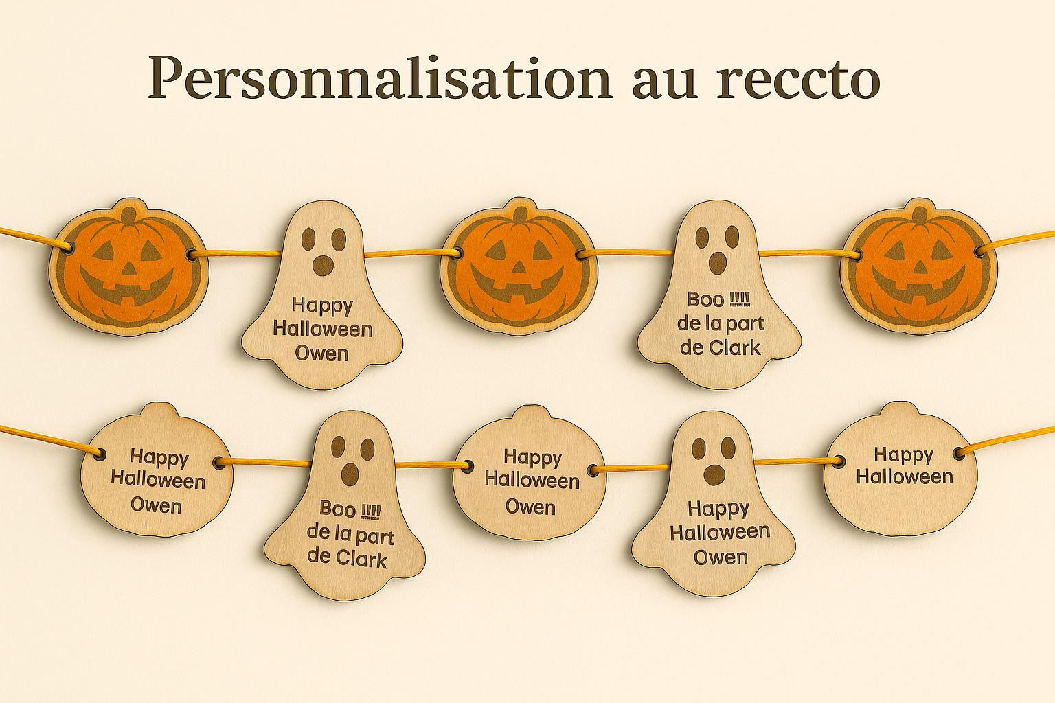 Guirlande d’Halloween – 10 personnages en bois avec personnalisation au dos
