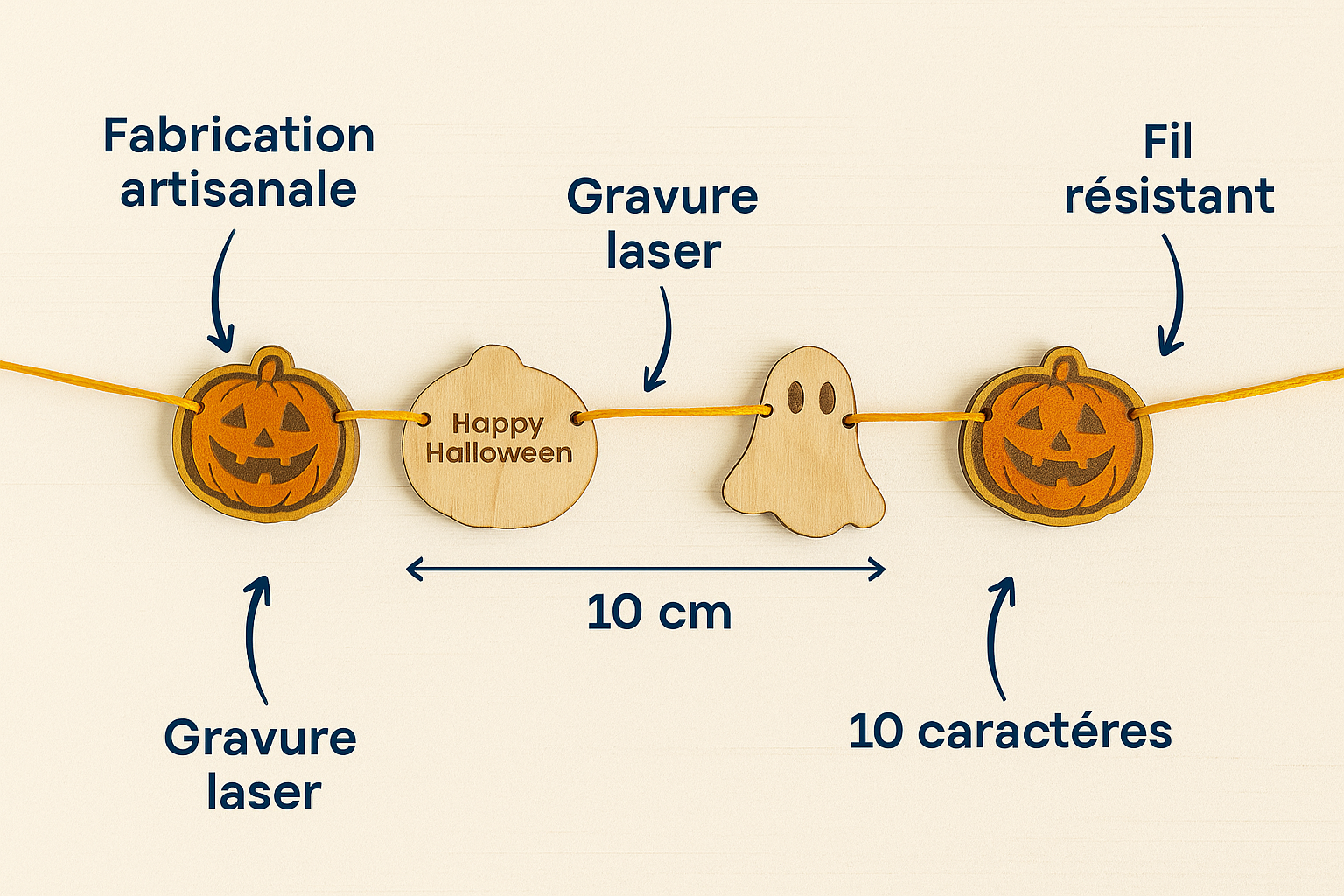 Guirlande d’Halloween – 10 personnages en bois avec personnalisation au dos
