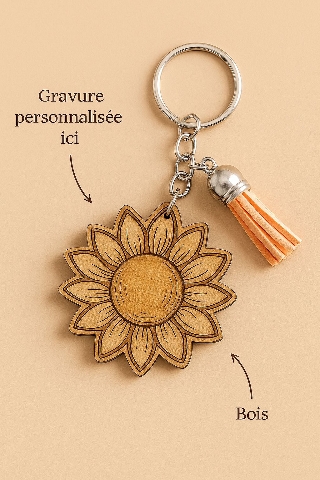 Porte-clé Tournesol en Bois – Gravure artisanale & personnalisée