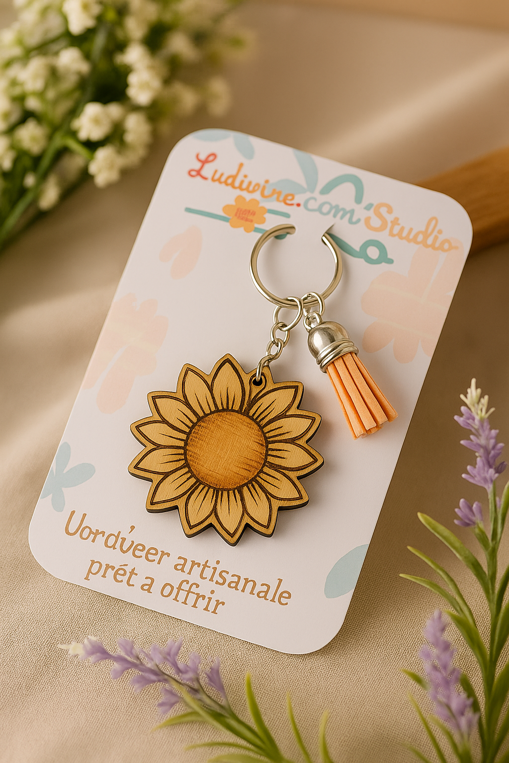 Porte-clé Tournesol en Bois – Gravure artisanale & personnalisée