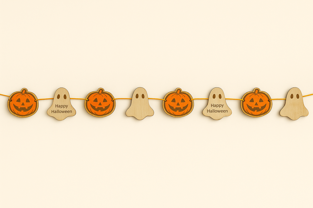 Guirlande d’Halloween – 10 personnages en bois avec personnalisation au dos