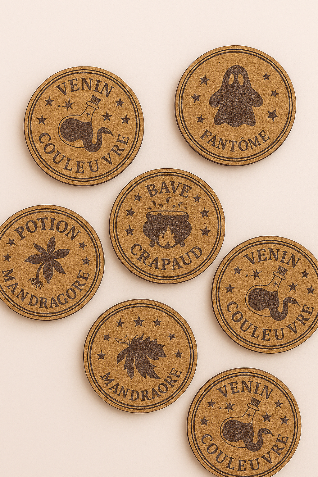 Lot de 4 sous-verres Halloween personnalisables – Liège gravé fait main à La Réunion 🎃