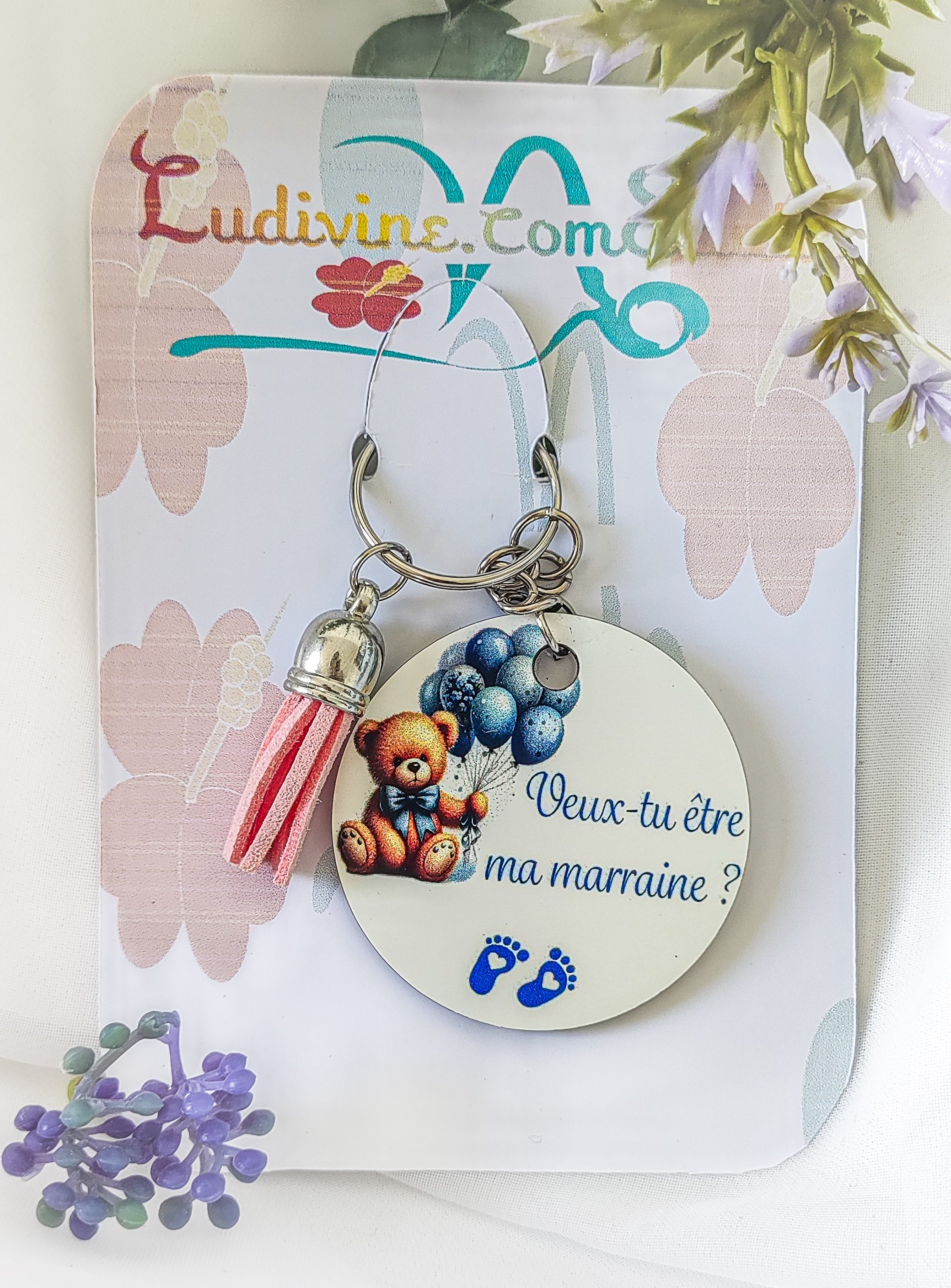 Porte-clé Parrain/Marraine – Ourson & Ballons en Bois Sublimé