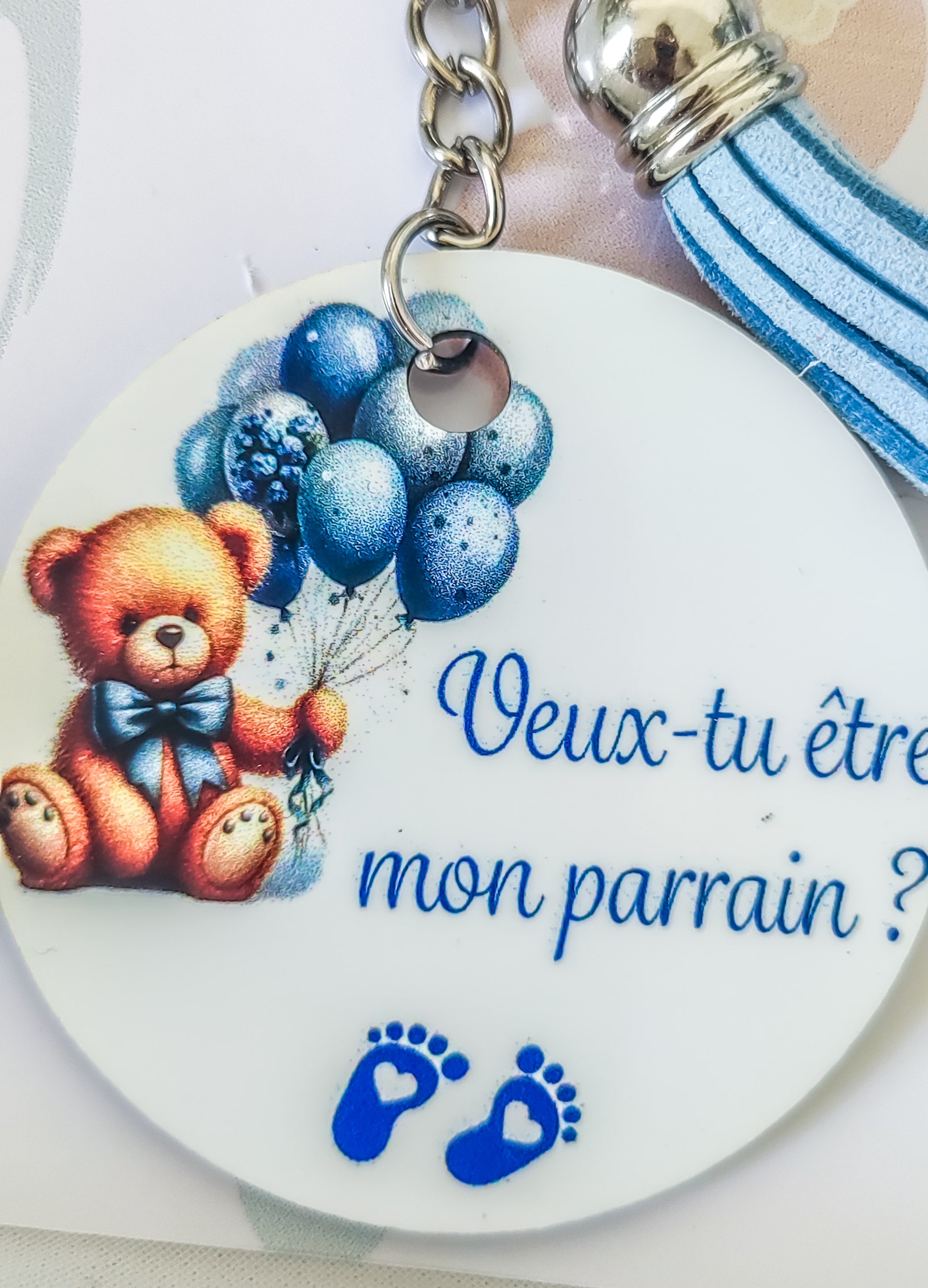 Porte-clé Parrain/Marraine – Ourson & Ballons en Bois Sublimé