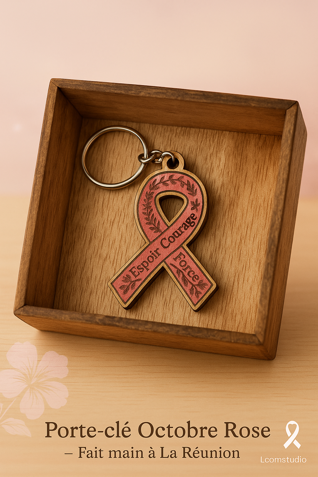 🎀 Porte-clé Octobre Rose – “Espoir, Courage, Force”