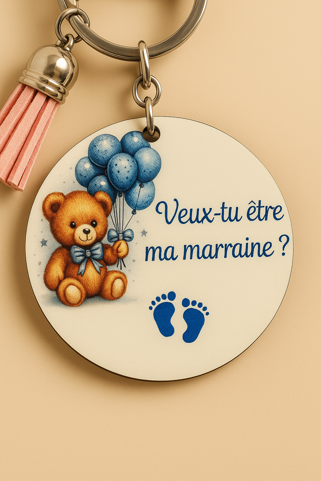 Porte-clé Parrain/Marraine – Ourson & Ballons en Bois Sublimé