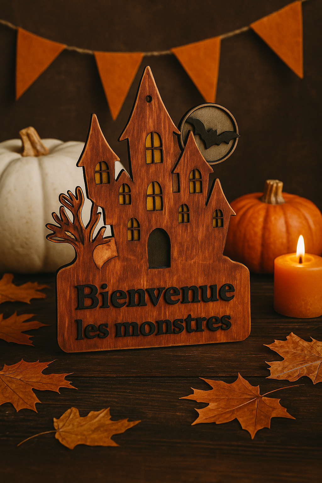 Pancarte Halloween personnalisable en bois – Bienvenue les monstres ou texte au choix