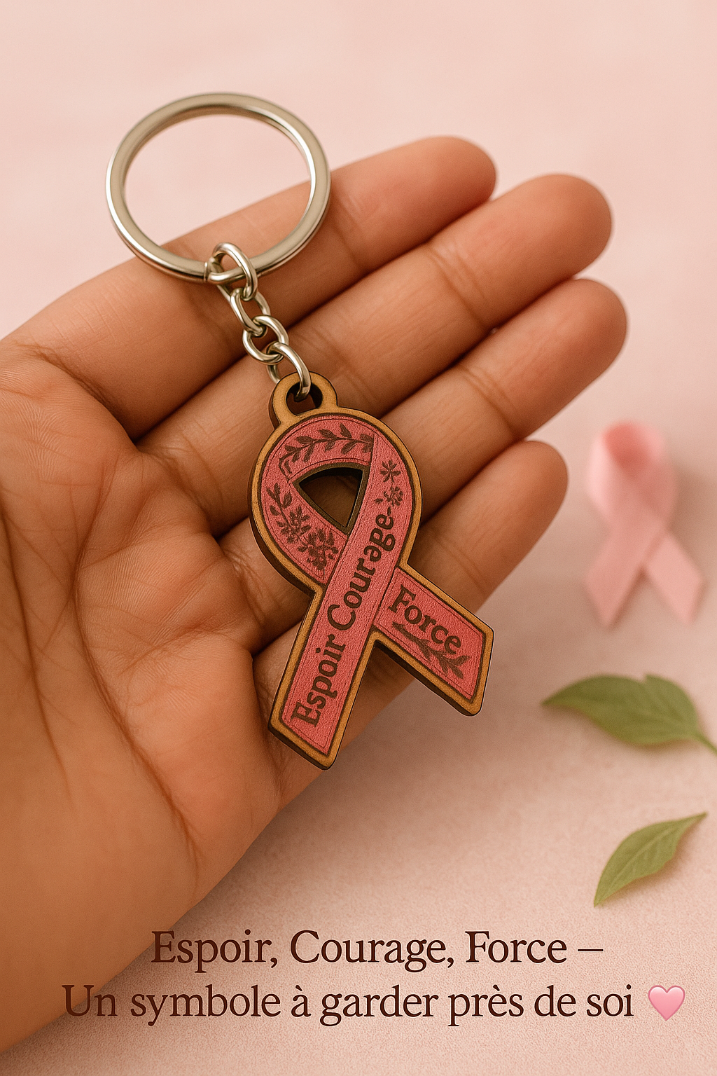 🎀 Porte-clé Octobre Rose – “Espoir, Courage, Force”