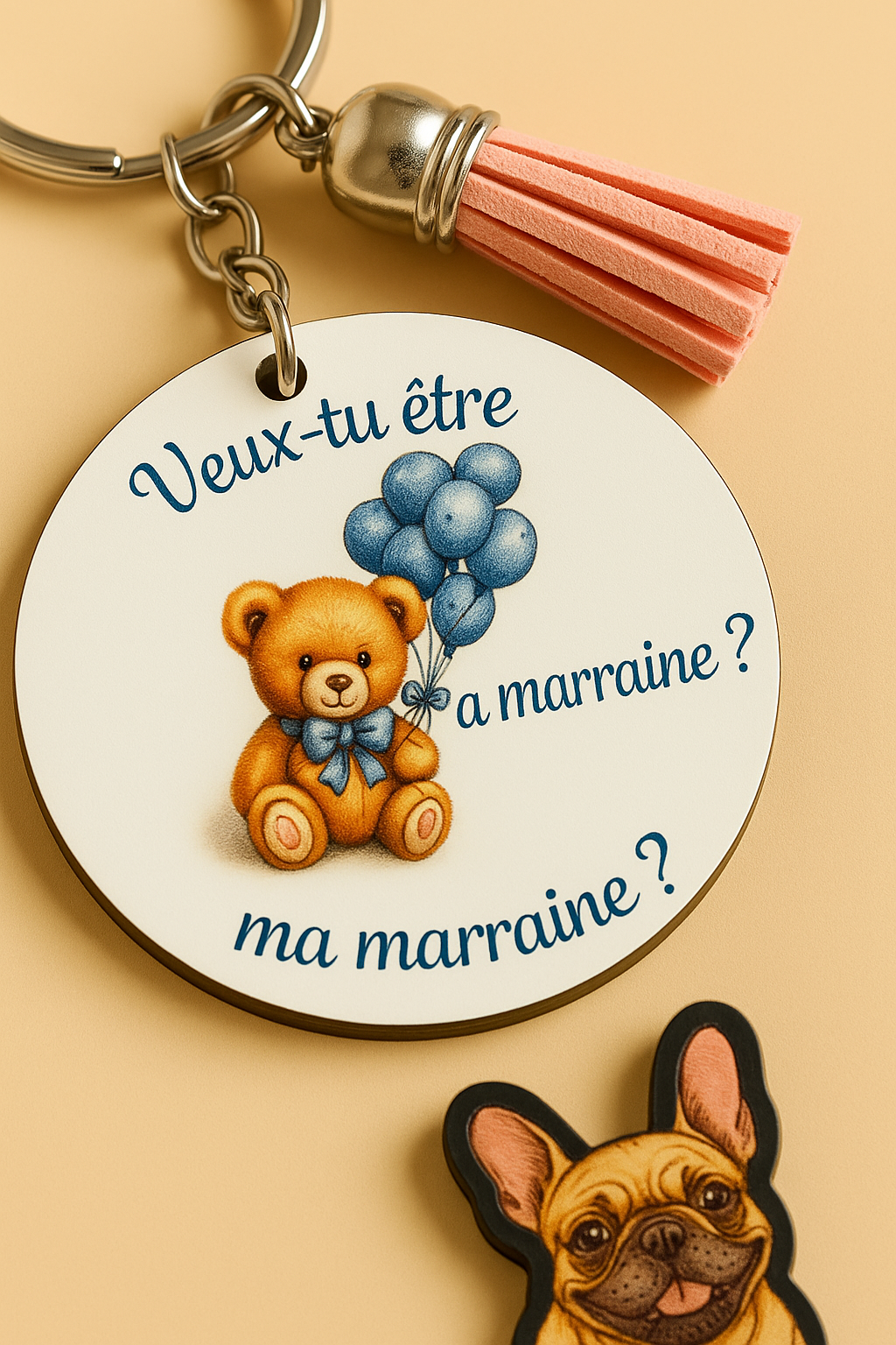 Porte-clé Parrain/Marraine – Ourson & Ballons en Bois Sublimé