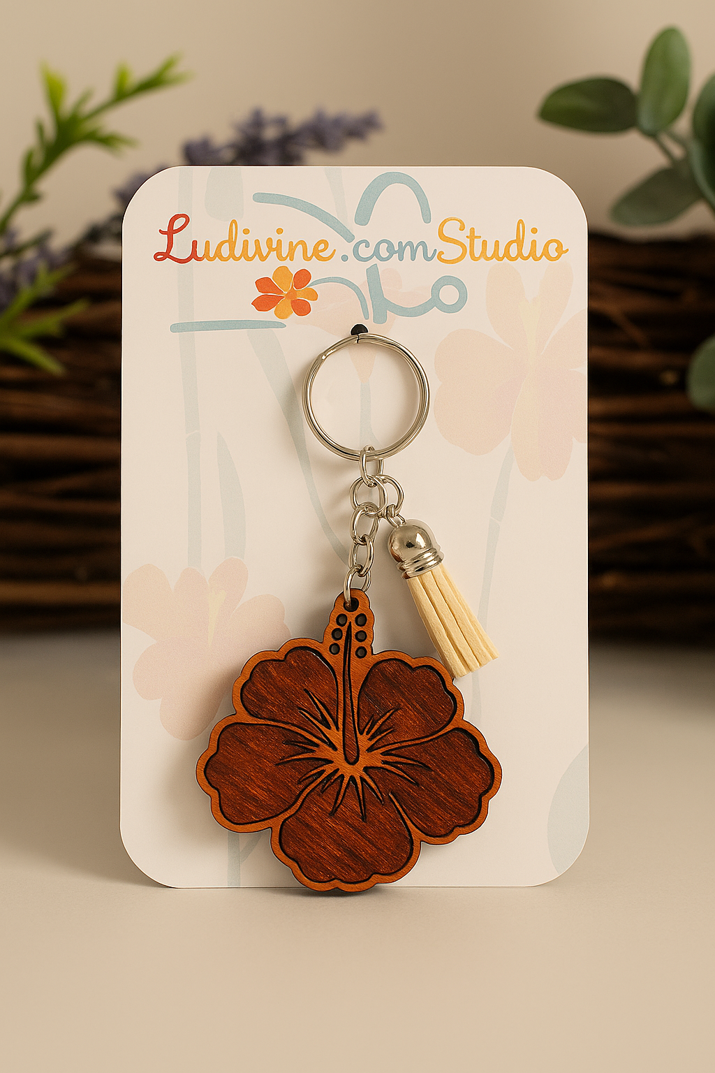 Hibiscus Crépuscule – Porte-clé artisanal en bois gravé et teinté