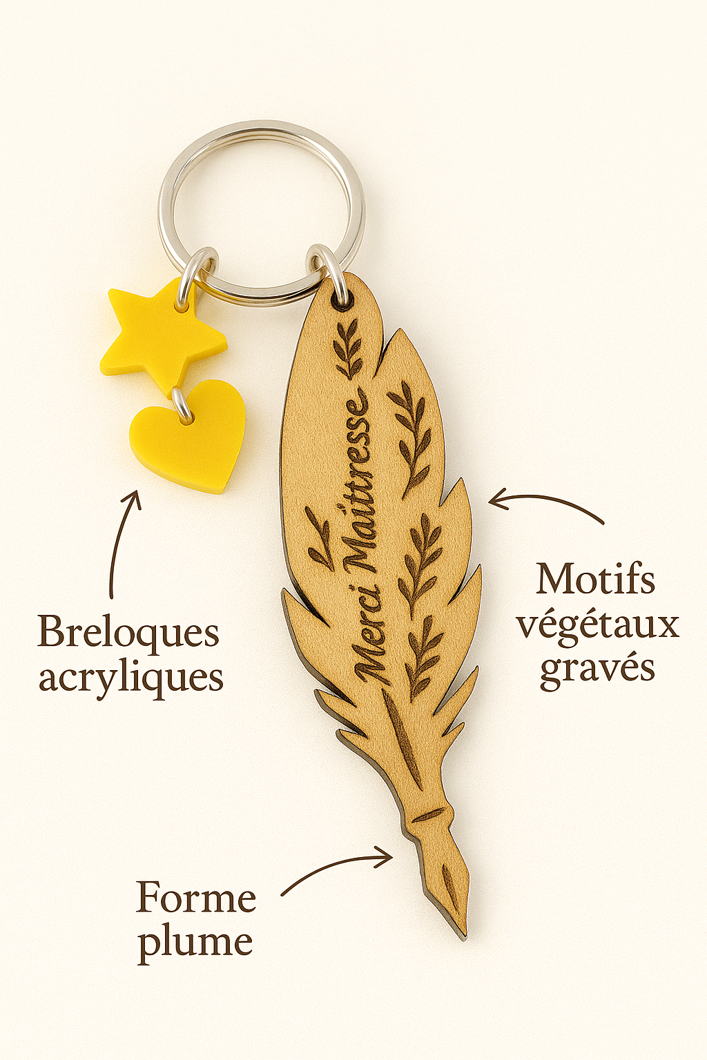Porte-clé personnalisé "Merci Maîtresse" – Gravure bois et breloques