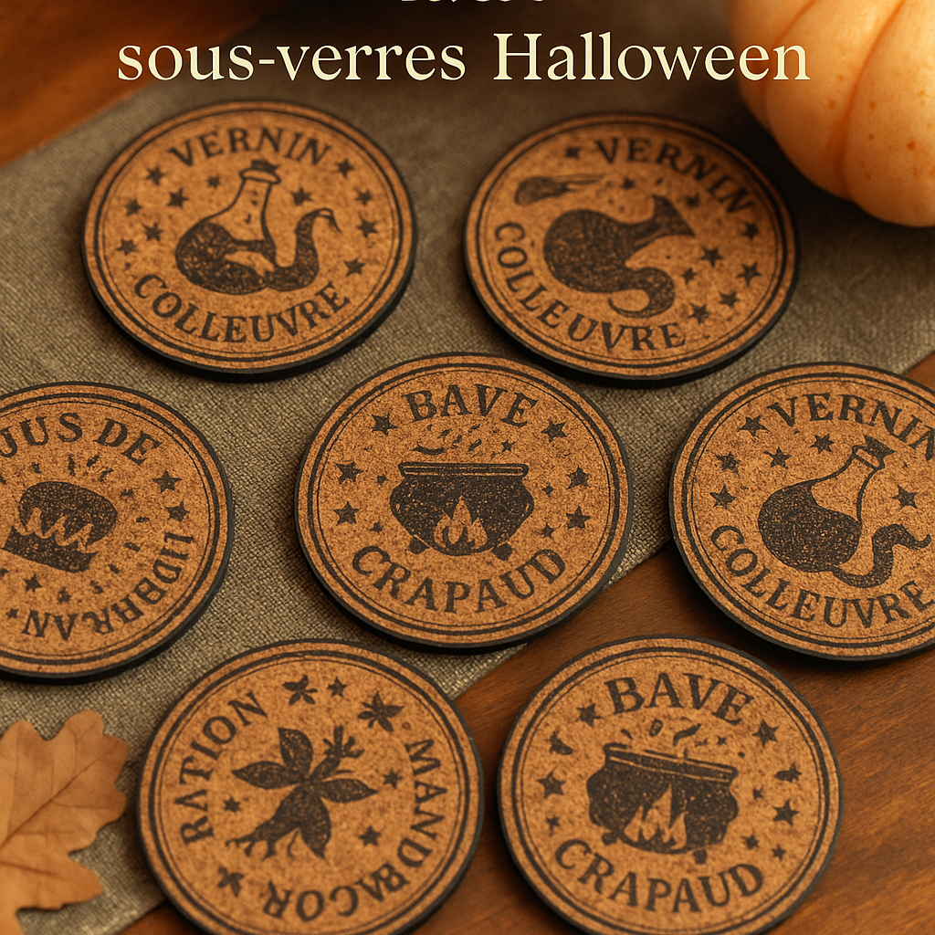 Lot de 4 sous-verres Halloween personnalisables – Liège gravé fait main à La Réunion 🎃