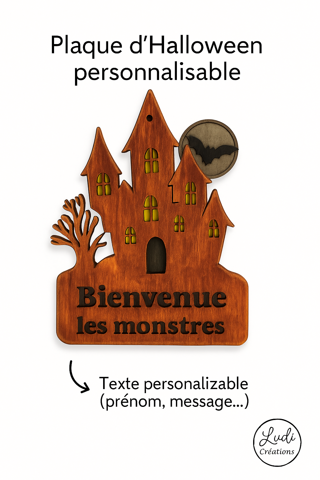 Pancarte Halloween personnalisable en bois – Bienvenue les monstres ou texte au choix