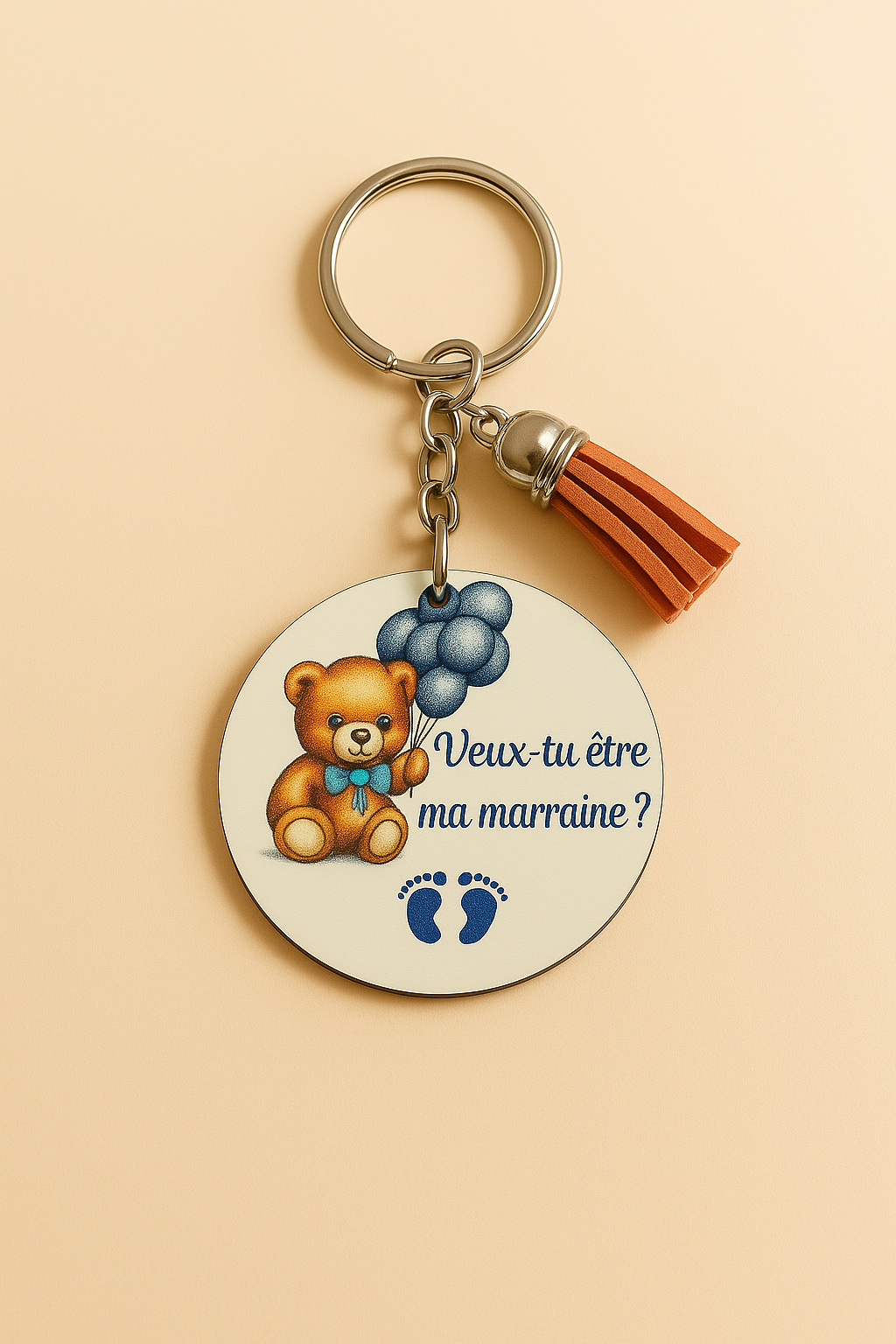 Porte-clé Parrain/Marraine – Ourson & Ballons en Bois Sublimé