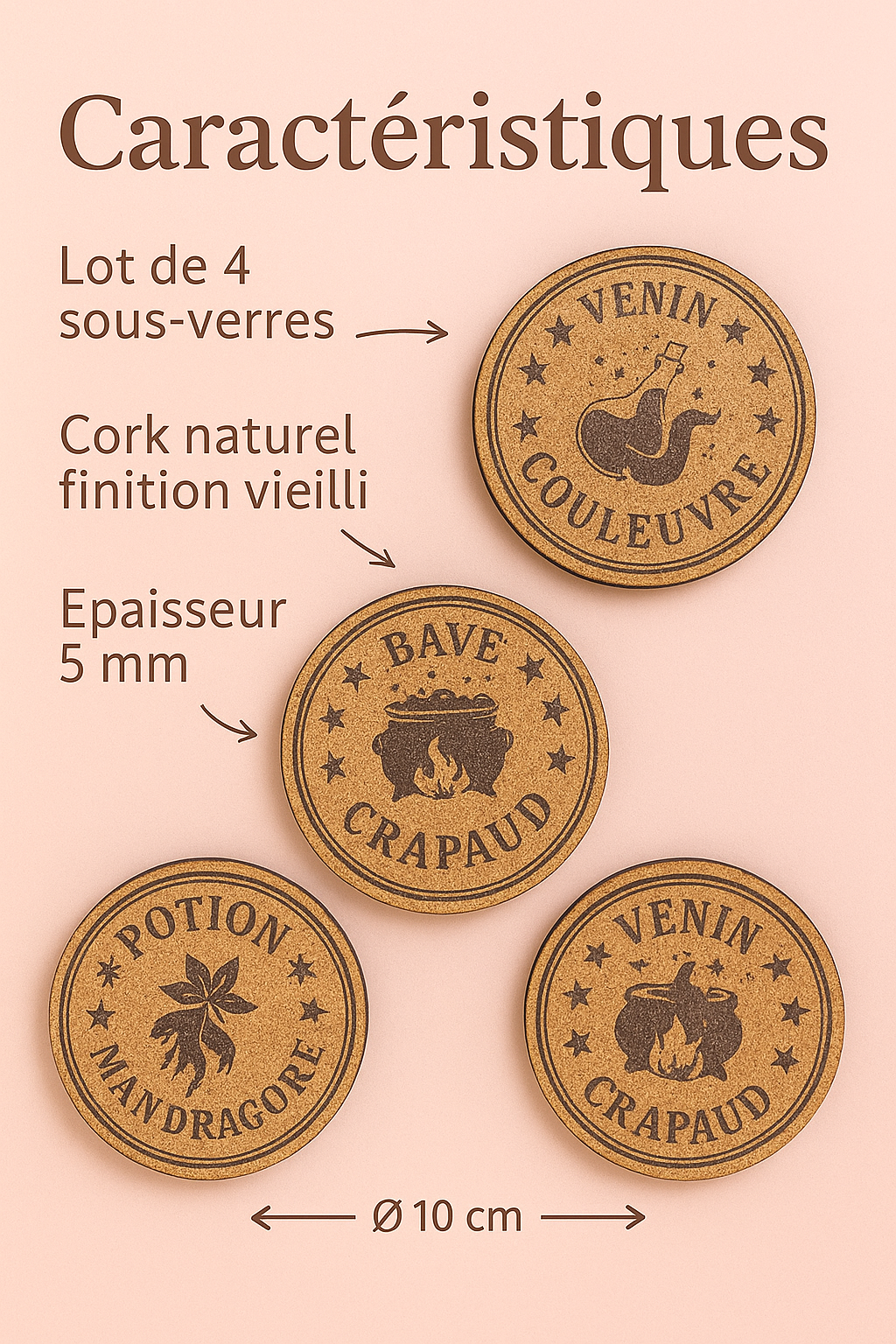 Lot de 4 sous-verres Halloween personnalisables – Liège gravé fait main à La Réunion 🎃