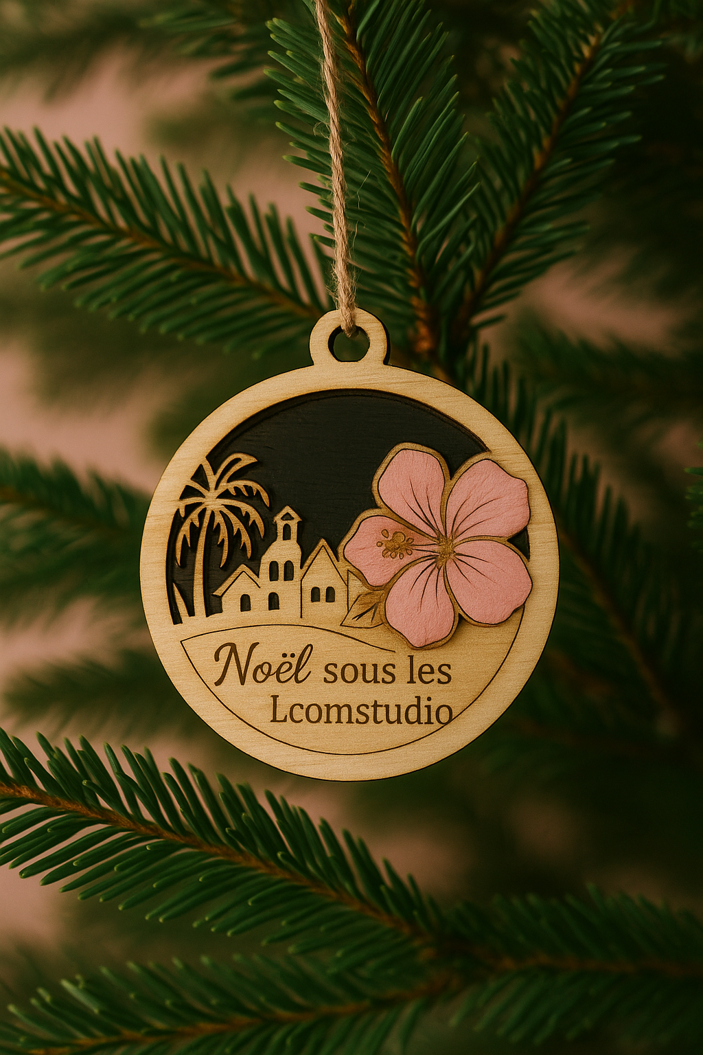 🎄 Boule de Noël tropicale “Noël sous les tropiques” – Bois ajouré et fleur d’hibiscus rose