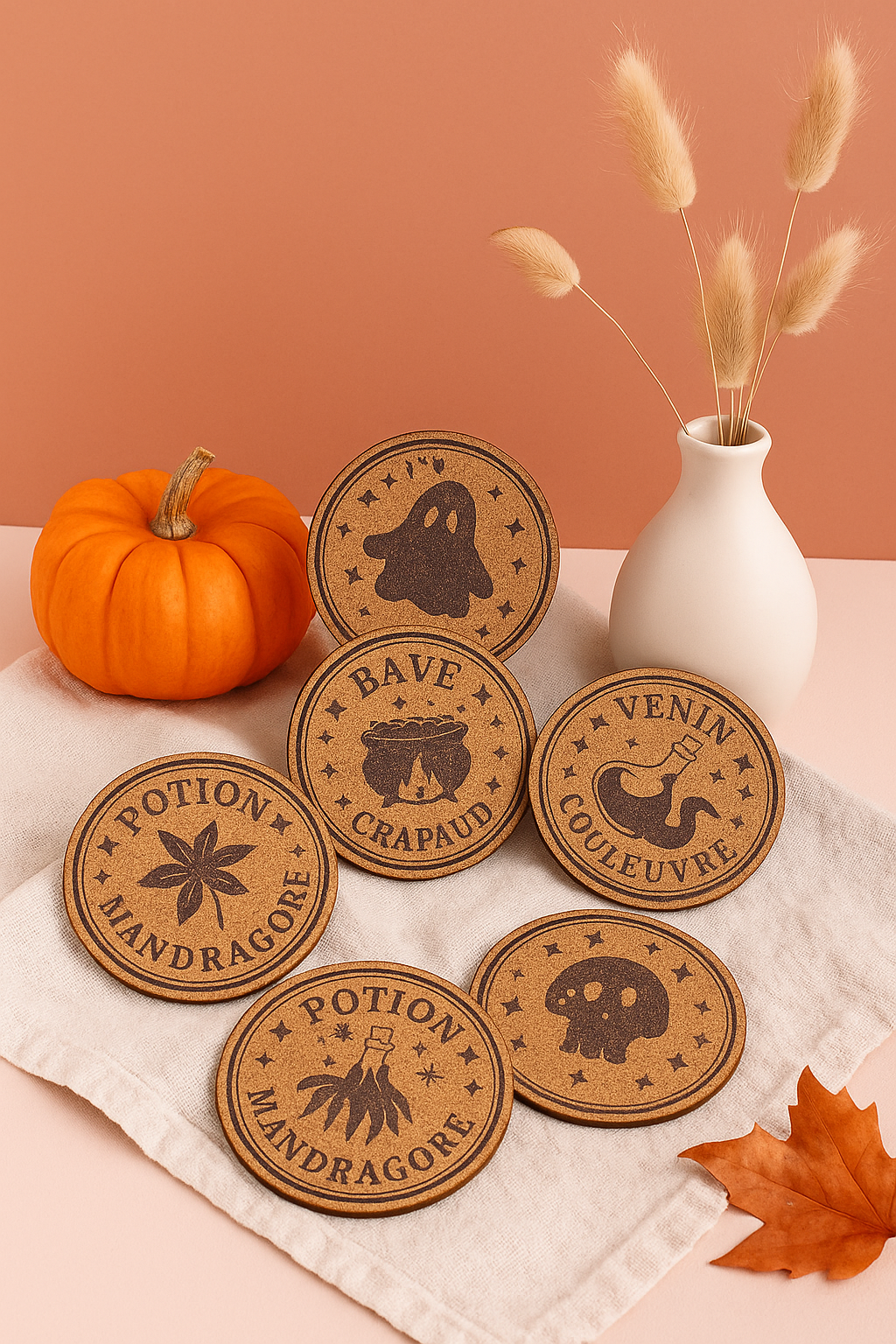Lot de 4 sous-verres Halloween personnalisables – Liège gravé fait main à La Réunion 🎃